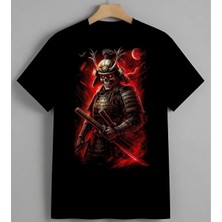 Samurai Kafatasi Kizil Savasc Baskılı Unisex Erkek Kadın Oversize Tişört Siyah