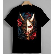 Oni Masken Kizil Cicek Unisex Erkek Kadın Oversize Tişört Siyah