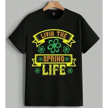 Yasin The Spring Life Yesil Baskılı Unisex Erkek Kadın Oversize Tişört Siyah