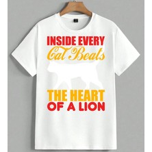 Kedi Kalbi Aslan Cesur Ilham Unisex Oversize Tişört Beyaz