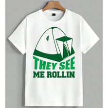 They See Me Rollin Yesil Cadi Unisex Oversize Tişört Beyaz
