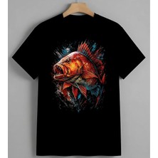 Kirmizi Balik Sulu Boya Sanat Unisex Erkek Kadın Oversize Tişört Siyah