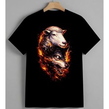 Koyun Baskan Ates Efekti Unisex Erkek Kadın Oversize Tişört Siyah