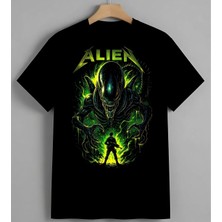 Alien Uzayli Sari Yesil Korku Baskılı Unisex Erkek Kadın Oversize Tişört Siyah