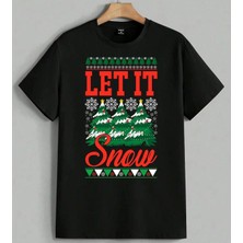 Let It Snow Noel Agaci Yesil Baskılı Unisex Erkek Kadın Oversize Tişört Siyah