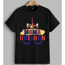 Mama Unicorn Kiz Cocuk Renkli Baskılı Unisex Erkek Kadın Oversize Tişört Siyah