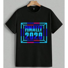 Finally Turkuaz Cizim Yil Baskılı Unisex Erkek Kadın Oversize Tişört Siyah