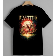 LED Zeppelin Melek Ates Rock Unisex Erkek Kadın Oversize Tişört Siyah