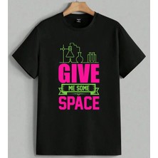 Give Me Some Space Bilim Baskılı Unisex Erkek Kadın Oversize Tişört Siyah