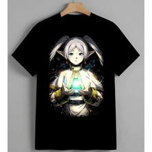 Anime Kiz Yesilisik Enerji Baskılı Unisex Erkek Kadın Oversize Tişört Siyah
