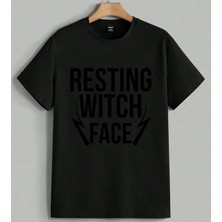 Resting Witch Face Sihirli Yuz Baskılı Unisex Erkek Kadın Oversize Tişört Siyah
