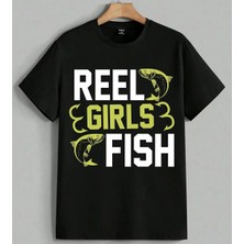 Girls Balik Yesil Logo Desen Baskılı Unisex Erkek Kadın Oversize Tişört Siyah