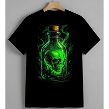 Zehir Sise Yesil Kuru Kafa Unisex Erkek Kadın Oversize Tişört Siyah