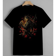 Samuray Savasci Kizil Yaprak Baskılı Unisex Erkek Kadın Oversize Tişört Siyah