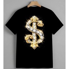 Dolar Sembolu Altin Tasarim Syh Unisex Erkek Kadın Oversize Tişört Siyah