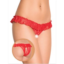 Tegan Mor Gece Fantezi Üstü Fırfırlı Ağı Açık Kırmızı Dantel Tanga String