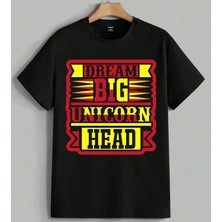 Dream Big Unicorn Head Baskılı Unisex Erkek Kadın Oversize Tişört Siyah