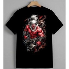 Kizil Canavar Kasli Demon Unisex Erkek Kadın Oversize Tişört Siyah