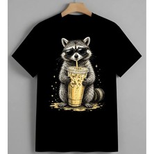 Kedi Gozluk Icecek Bardagi Unisex Erkek Kadın Oversize Tişört Siyah