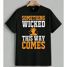 Something Comes Turuncu Baskılı Unisex Erkek Kadın Oversize Tişört Siyah