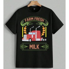 Farm Fresh Sut Tasima Tarim Baskılı Unisex Erkek Kadın Oversize Tişört Siyah
