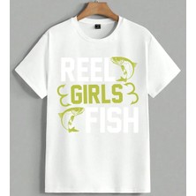 Girls Balik Yesil Logo Desen Unisex Oversize Tişört Beyaz