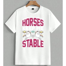 Horses Stable Unicorn Fantezi Unisex Oversize Tişört Beyaz