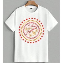 Yeni Baslangic Cicekli Desen Unisex Oversize Tişört Beyaz