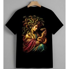 Medusa Mitoloji Yilan Saci 2 Unisex Erkek Kadın Oversize Tişört Siyah