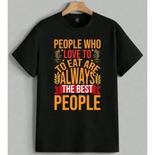 Yemek Sevenleri Motivasyon Baskılı Unisex Erkek Kadın Oversize Tişört Siyah