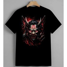 Oni Masasi Kizil Boynuz Unisex Erkek Kadın Oversize Tişört Siyah