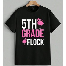 Grade Flamingo Pembe Logo Baskılı Unisex Erkek Kadın Oversize Tişört Siyah
