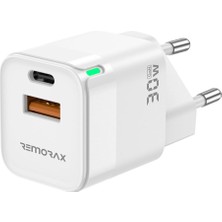 Remorax Qbic Pd 30WATT Gan Hızlı Şarj Aleti, A + C Girişli, Beyaz, Dual Port, USB A ve Type C