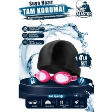 Alastor 4lü Set Yüzücü Gözlüğü Kılıflı Kulak Burun Tıkaçlı Kumaş Bone Set Yüzme Havuz Deniz Gözlüğü Pembe