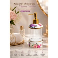 3127 Gold Kapaklı Porselen ve Cam Sıvı Sabunluk – Çiçek Desenli ve Şeffaf Tasarım 350 ml