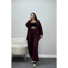 Belendir Kadın Modal Kapşonlu Fermuarlı Oversize Ikili Takım Bordo