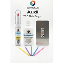COLORGUARD Audi LY9C İbis Beyazı İğneli ve Fırçalı 2 si 1 Arada Rötuş Boyası Yüzey Temizleme Solüsyonu Profesyonel ve Çapaksız Rötuş Çeliği 5'li Uygulama Çubuğu Seti