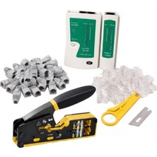 Ağ Kurulum Seti -Cat5 Cat6 Uyumlu - RJ45 RJ11 Kablo Sıkma Pensesi + Kablo Test Cihazı + Mini Kablo Soyucu + 100 Adet RJ45 Konnektör + 100 Adet Gri Boot Kılıf + Yedek Bıçağı