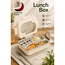 Porsima 3110 Paslanmaz Çelik 3 Bölmeli Vakumlu Yemek Termosu Beslenme Kutusu Taşınabilir Lunch Box Sefer Tası - Krem