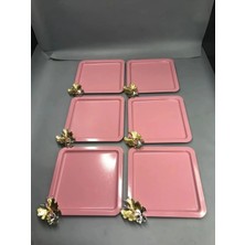 St. Morritz Lüx Kelebek Aksesuarlı Paslanmaz Çelik Kare 6’lı Açık Pembe Kahve, Çay, Dekoratif Sunum Tepsisi