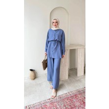 Miraydin Butik Kadın Belden Bağlamalı Tunik Pantolon Takım M6034 - Mavi