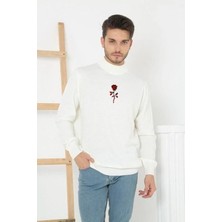 Velmora Fashion Erkek Yarım Bağazlı Kazak Baskılı Dokuma Triko - Beyaz