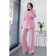 Miraydin Butik Kadın Premium Bel Büzgülü Nervürlü Detay Double Face Pantolon Takım - Pembe