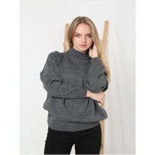 Velmora Fashion Kadın Yarım Balıkçı Yaka Triko Kazak - Füme