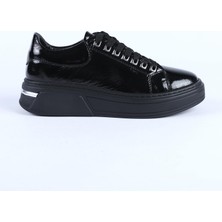 Hayati Arman Kadın Hakiki Deri Kalın Tabanlı Bağcıklı Spor Ayakkabı & Sneaker Siyah Rugan
