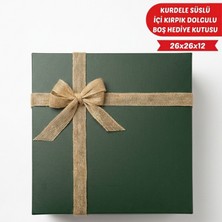 Meg Tasarım Dünyası Koyu Yeşil Lüks Hediye Kutusu - Kraft Renk Simli Kurdeleli ve Kraft Renk Kırpık Kağıt Dolgulu Hazır Konsept Boş Hediye Kutusu 26X26X12 cm