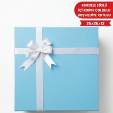 Meg Tasarım Dünyası Mavi Renk Lüks Hediye Kutusu - Beyaz Saten Kurdeleli ve Mavi Kırpık Kağıt Dolgulu Hazır Konsept Boş Hediye Kutusu 26X26X12 cm
