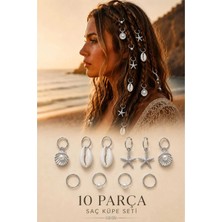 Invictus Design Kadın Gümüş Yıldız Deniz Kabuk Istiridye Incili Halka Model Saç Küpesi Charm Saç Tokası Saç Yüzük Figürlü Örgü Küpe Aksesuar 10'lu Set