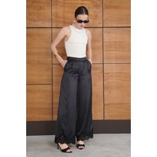 Very Moda Puantiyeli Paçası Dantelli Saten Pantolon | D2970