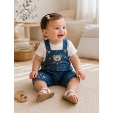 Maxi İdol Yazlık Unisex Bebek Denim 2’li Takım - Ayı Aplikeli Cepli Salopet ve Beyaz Bluz